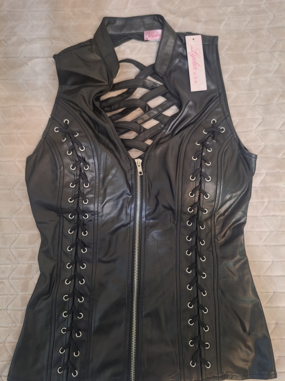 Ladies USA Black Faux Leather Lace-Up Front Vest